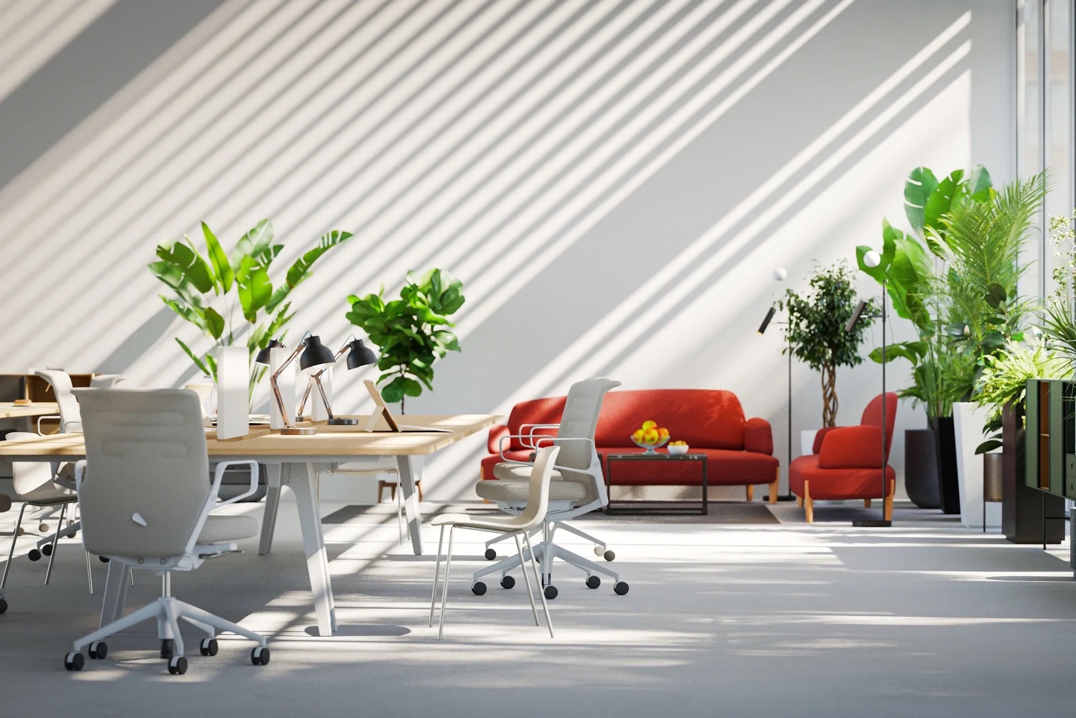 A large, empty open plan modern office interior